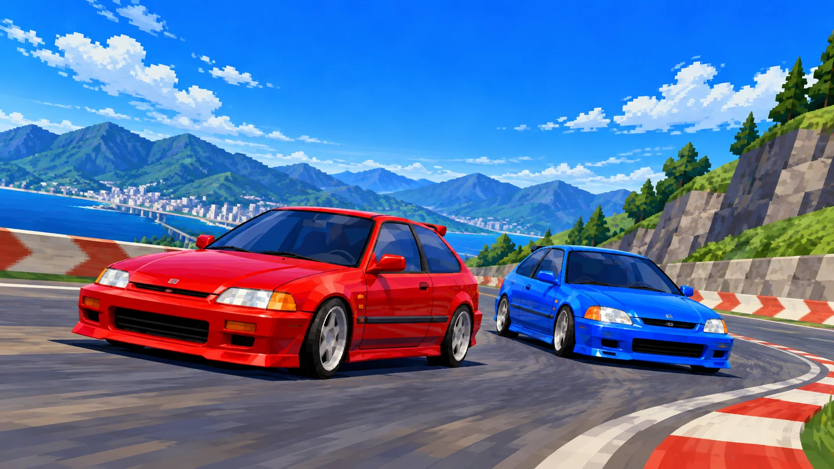 Red and blue Honda-style hatchbacks racing side by side on a coastal course in a late-1990s arcade style.